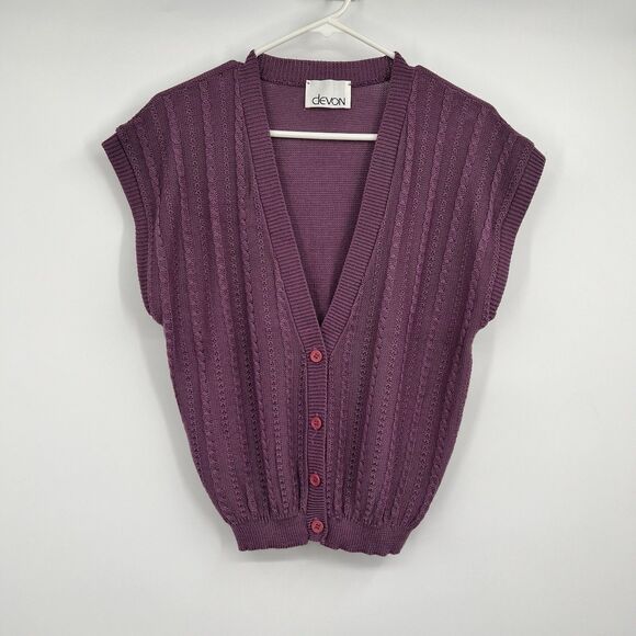 Devon Button Sweater Vest M Purple Banded Waist Union USA Cae Knit VTG 80s - Picture 1 of 11
